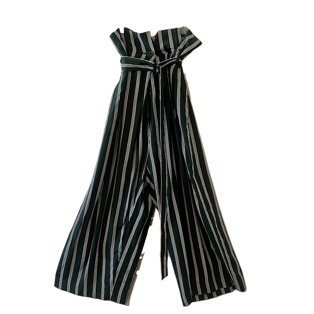 Enfold Size 38 Green Striped Belted Wide Leg Pants